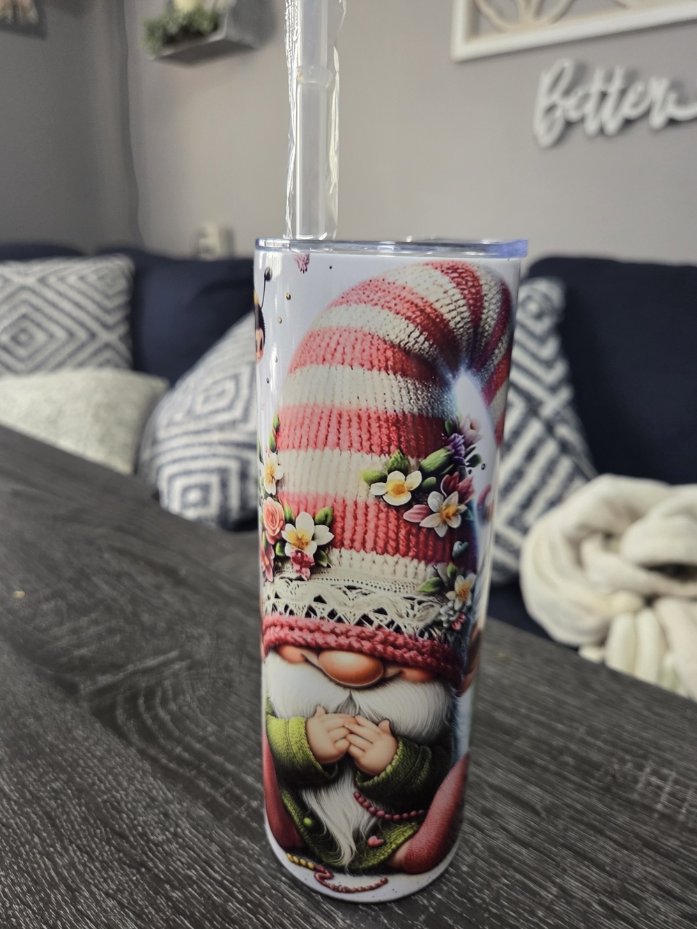 NEW Cute Floral Gnome Skinny Tumbler - Pink and White